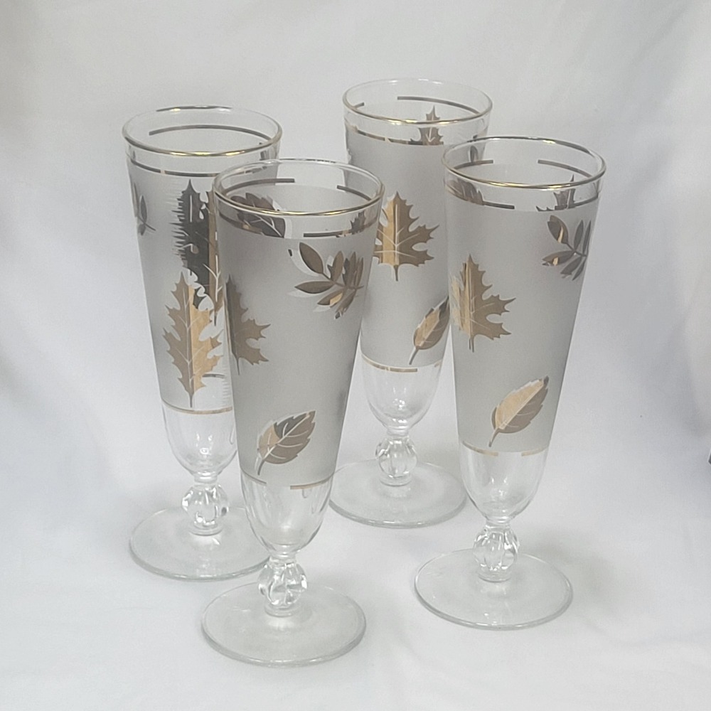 Libbey Golden Foliage Frosted Pilsner Glasses Set of 4 Gold Leaf MCM Barware